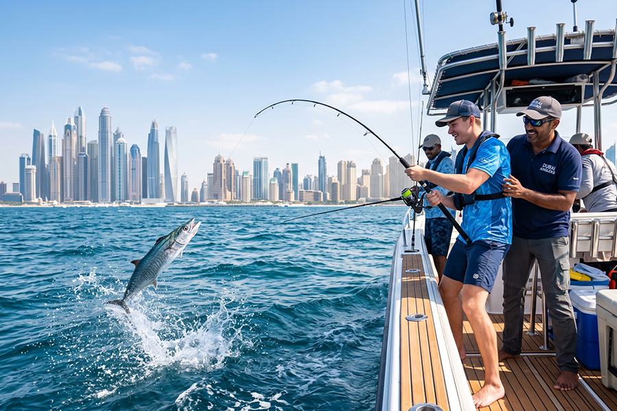 Fishing trip Dubai with fresh catch and skyline views from a fishing boat