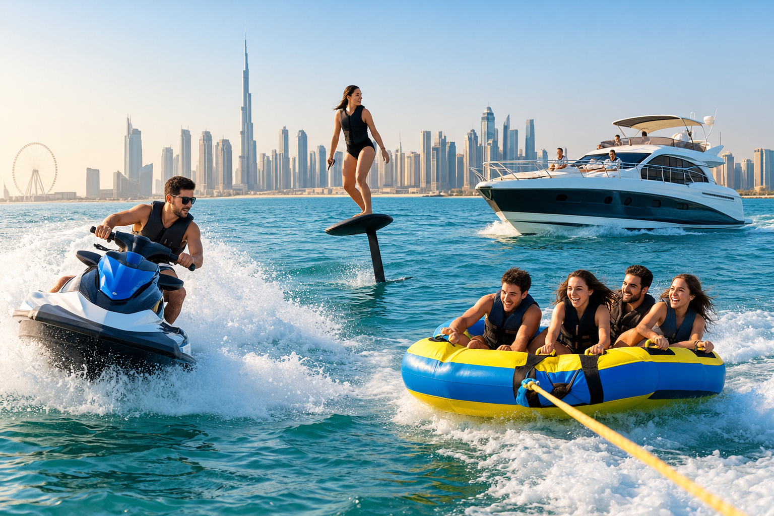 Four different water activities including jet skiing, efoiling, donut rides and charter boating in Dubai